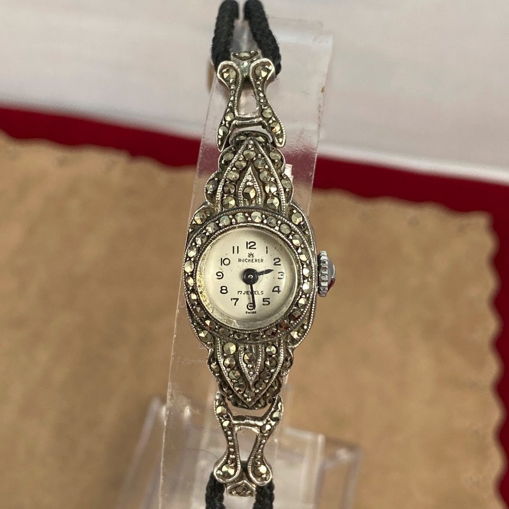 Vintage Elegant 1930s Bucherer Ladies Swiss Made Marcasite Watch .800 Silve